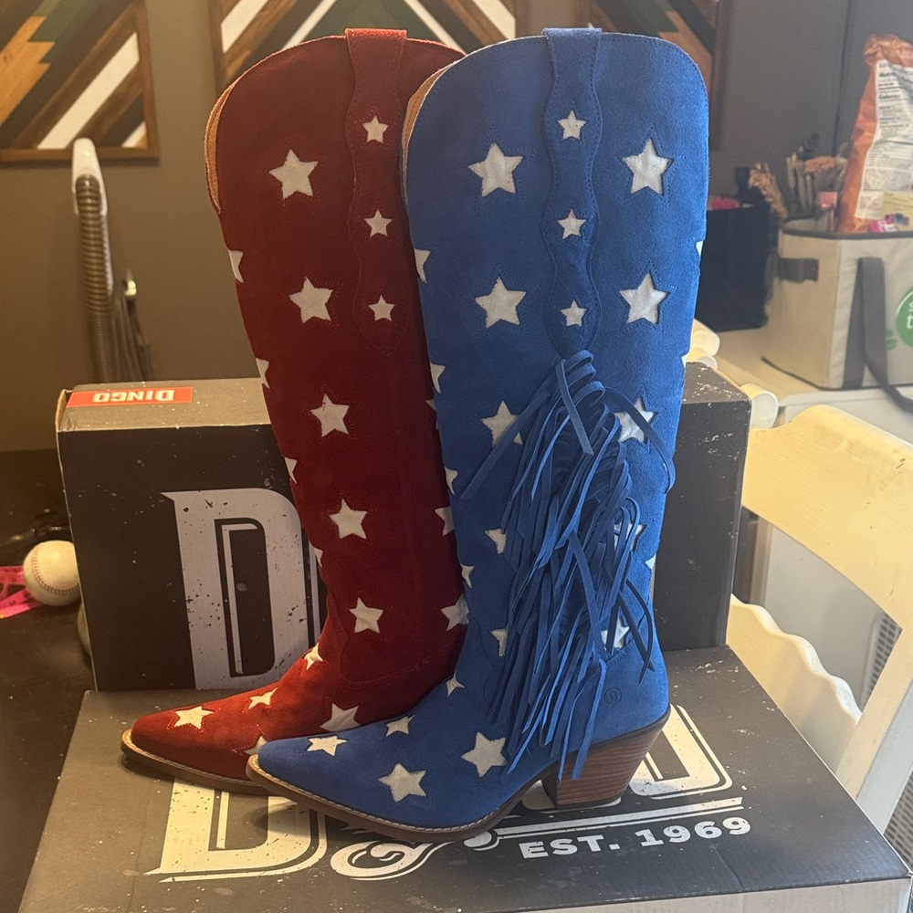 Dingo Super Star Red and Blue Fringe Cowboy Boots - Picture 1 of 6